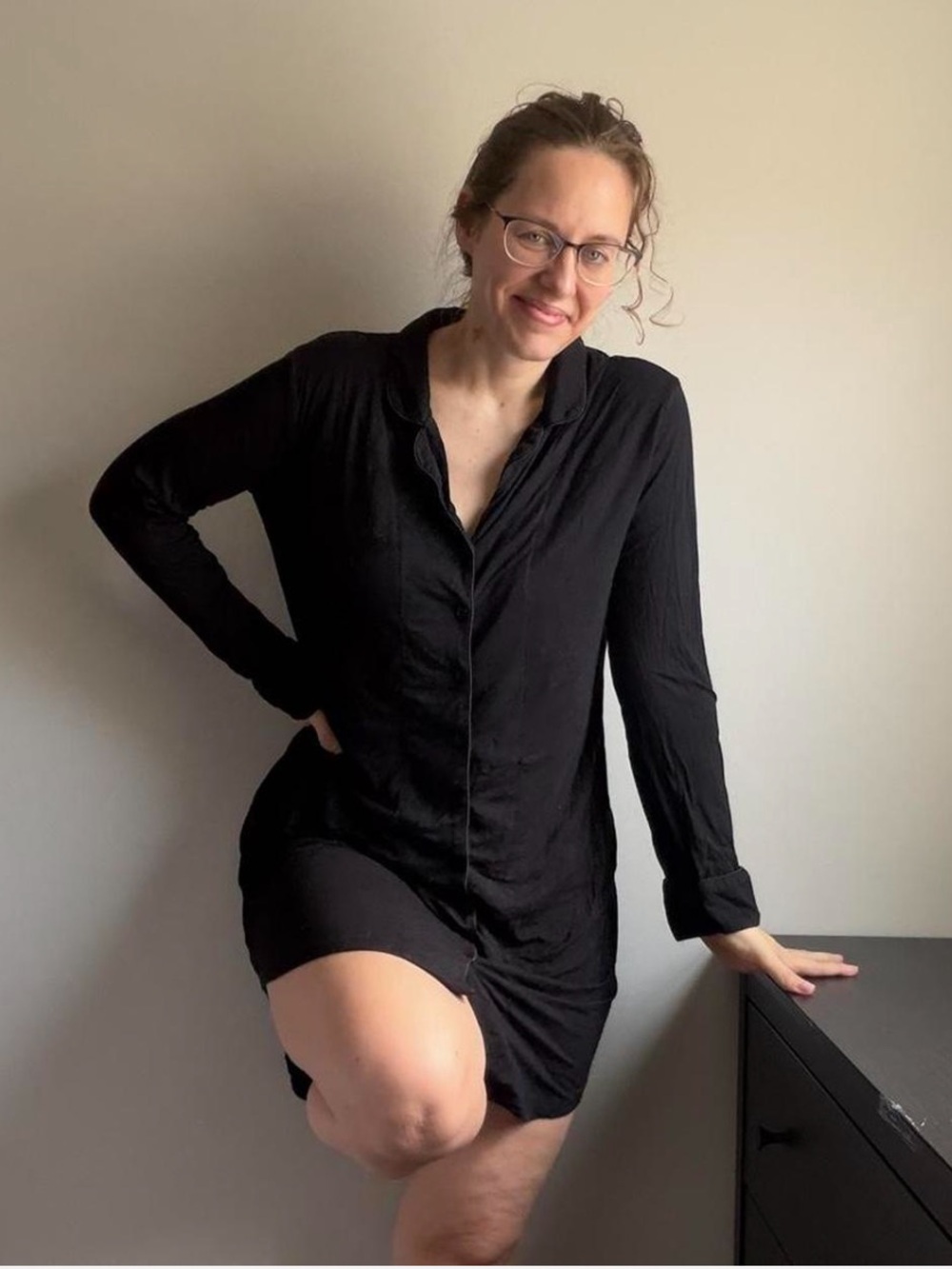 Faceplant Dreams Black Bamboo Boyfriend Button Down Nightshirt M